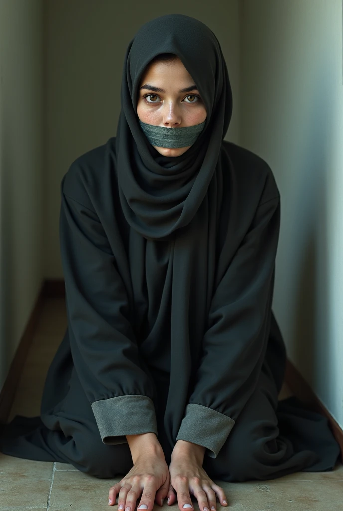 Hijab girl tied up and tapegag she is wearing sandals
