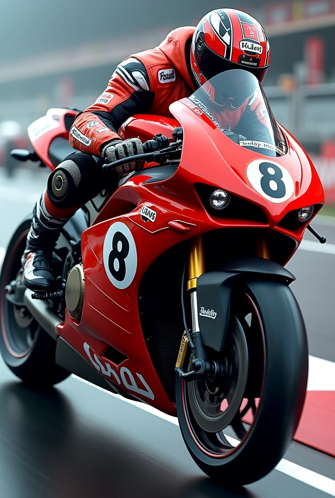 Image with a sports bike, with number 8, with the name of Saul