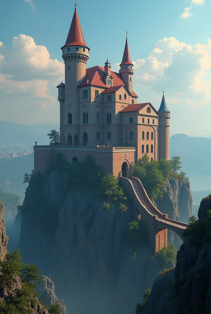 Big and gigantic castles , the biggest castle in the land. Bright colors, it has a dark ambiance about the castle, , Turkish heritage, on top of a very tall mountain, the castle being so gigantic take the whole place of the mountain making it a magnificent yet haunting view, ethereal view, yet very secure castle, Turkish vibes, Tall towering towers, medieval, taller hill, so no one can reach them, a brick bridge, Large