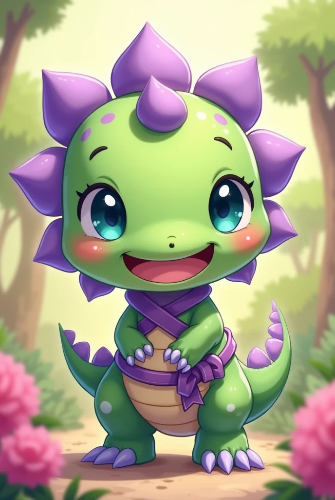 Cute kawaii FEMININE smiling naughty dinosaur with NINJA clothing with two bows or bumps on the head style buns like Pucca's apple green body with purple CRESTS purple CLAWS and lilac SPOTS with blue-green eyes WITH BIG legs like Yoshii and nice environment background