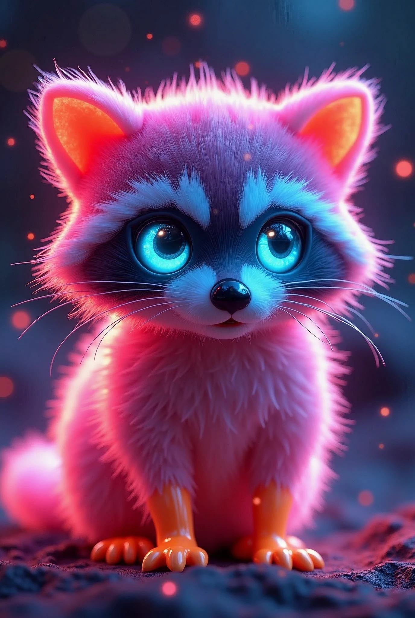 A mesmerizing 3D render showcases a luminescent, extra-fluffy baby raccoon sculpted entirely from crystal, glowing with vibrant neon colors. This low-poly creature has an otherworldly appearance, with its large, glowing low-poly eyes capturing the viewer's attention. Set against a stunning bokeh background, the radiant raccoon is the main focus of the piece, creating a sense of wonder and awe. The innovative use of neon hues and low-poly style in this conceptual art design highlights the artist's creativity and innovative approach to 3D rendering, making it a truly captivating and unique piece of art., vibrant, 3d render, product, conceptual art, photo