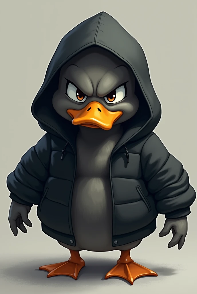 The duck has dull grey plumage., but instead of its usual plumage, He is wearing a black hooded jacket that fits him very well.. The hood covers his head and neck., giving it a very cool and modern look. The duck&#39;s eyes shine with anger, and its wings are ready to unfold at any moment. with a serious look