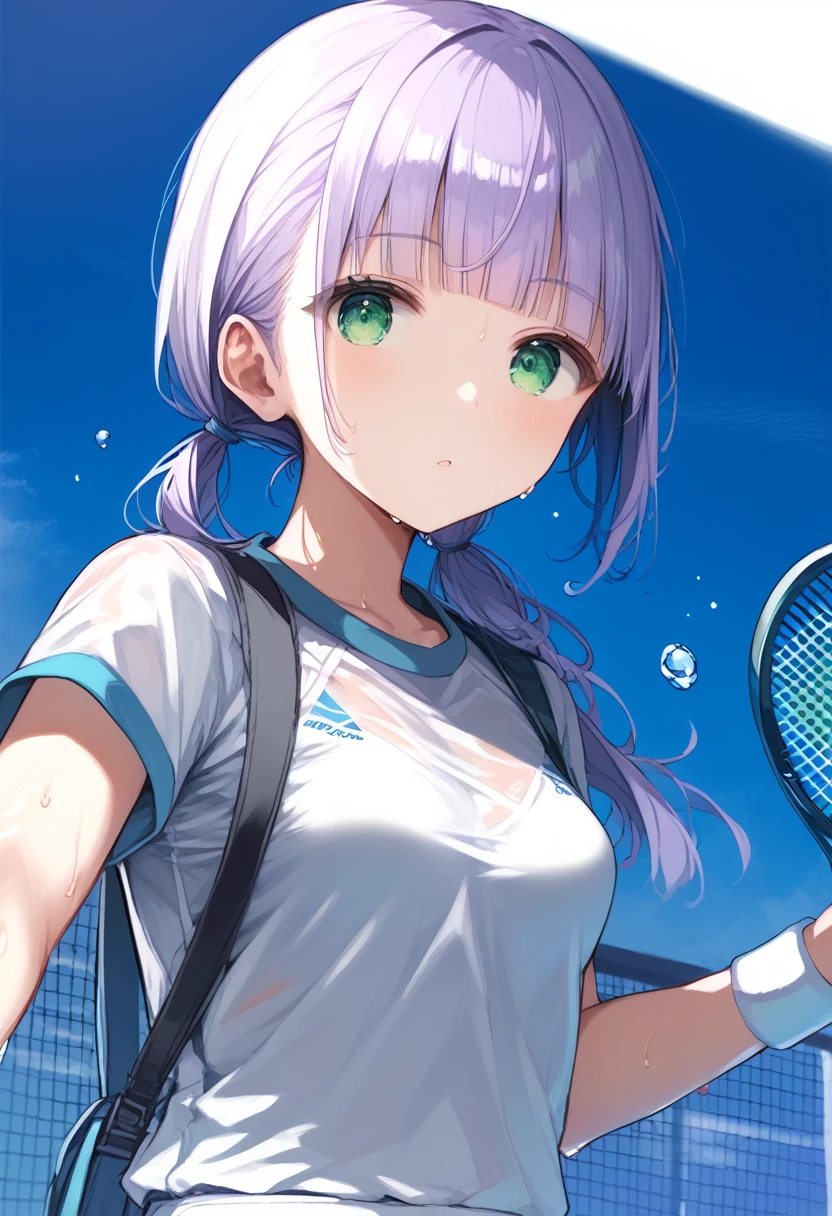 score_9, score_8_up, score_7_up, source_anime, masterpiece, high res image, best quality, clear skin, shiny hair, ultra detailed eyes, 1girl, 20 years old, tennis wear, looking at viewer, sweat, drinking water, BREAK pale purple hair, blunt bangs hair, low-twintail hair, green eyes, droopy eyes, tareme, one side hair tie, small breasts, cinematic angle, cinematic lighting