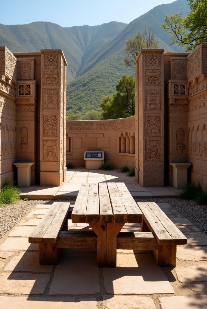Picnic table attached to a Tiwanaku-themed information station 

