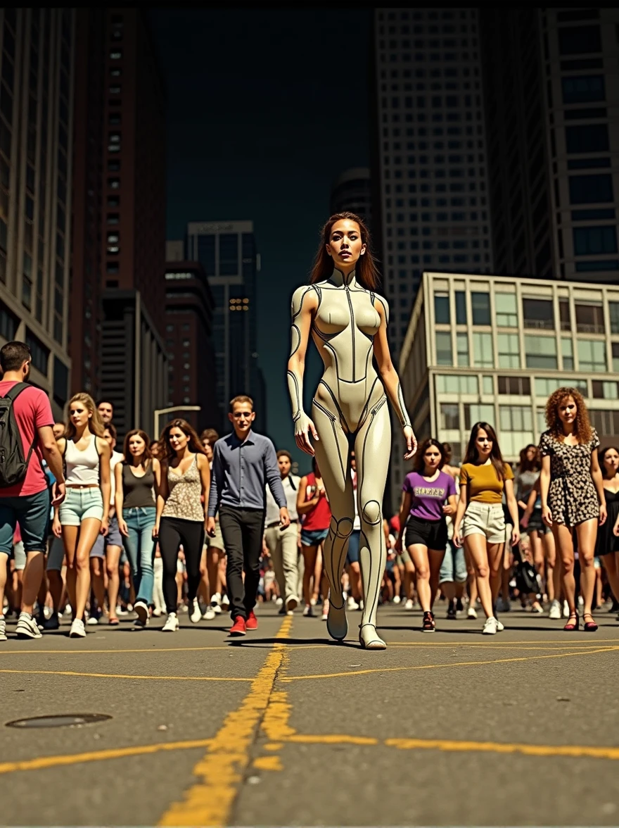 Woman's cyborg walking down the street in a crowd of people in the big city, defile show, high quality, best quality, absurdres, masterpiece, beautiful, intricate details, 1/2 body crop, slim body, beautiful figure, magnificent anatomy, (intricate details:1.12), HDR, (intricate details, hyper-detailing:1.15), (natural skin textures, hyper realisitc, soft light, Sharp:1.2)