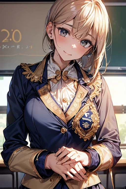 High-quality, ultra-realistic portraits。
(Big eyes、Gentle features、Natural smile)、((Asymmetrical shorthair:1.8、light brown))、(Medium breast)、Light Skin Tone、Healthy and smooth skin、((Navy blue blazer:1.8))、(White long sleeve blouse:1.4、Lace trim on collar、Gold Button、School emblem on breast pocket、Navy and white checkered pleated skirt:1.5)、Simple silver earrings、Slim wristwatch、 Black Loafers、((In the background is a classroom with advanced digital screens.:1.3))。
