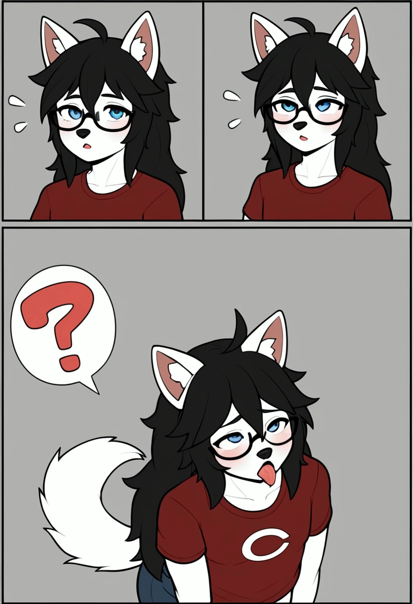 (by wamudraws, by burgerkiss, at terans, by freeedon, by Kilinah, by Coffeesoda, by Hioshiru, by Kilinah),alone, punctuation_9,punctuation_8_High above,punctuation_7_High above, a young hairy wolf Anthro nerd,child,feminine,young wolf girl, wolf muzzle, white hairy body, Cao Cao, long messy black hair,long hair, Bblack hair, white wolf tail, black glasses, blue colored eyes, white wolf ears, white wolf tail, breasts small, wearing a red t-shirt, short preto ,,he would be,fly away,portraite,unexpressive,close up looking forward,white ear,icons,high qualiy,ahegao