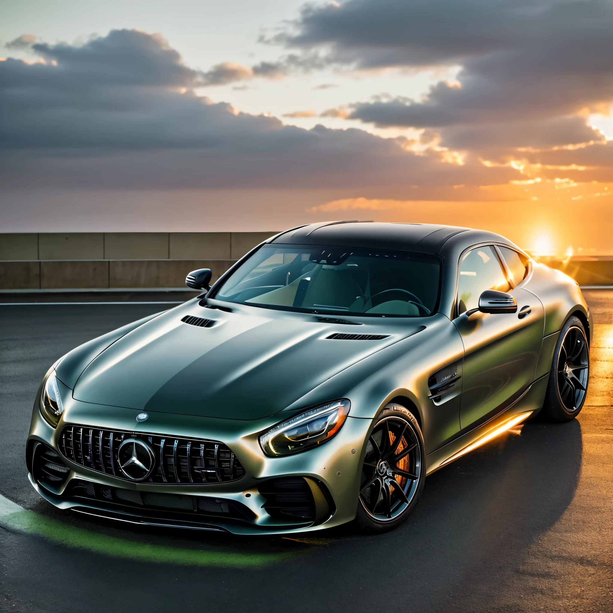 A Mercedes Benz amg serie black driving on a city track, racing road, racing race sign, green metal body, glass windows, metallic reflection, city track, tall building, sunset, photography, art station trend, sharp focus, intricate detail, high detail, ambient light, ray tracing