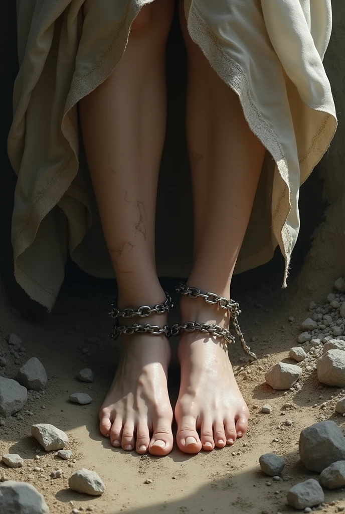 chained feets. Only feets. dusty ground. ashes, rocks. damaged and injured skin. white skin. Feet chained and subdued. silk fabric. slave. dungeon.
