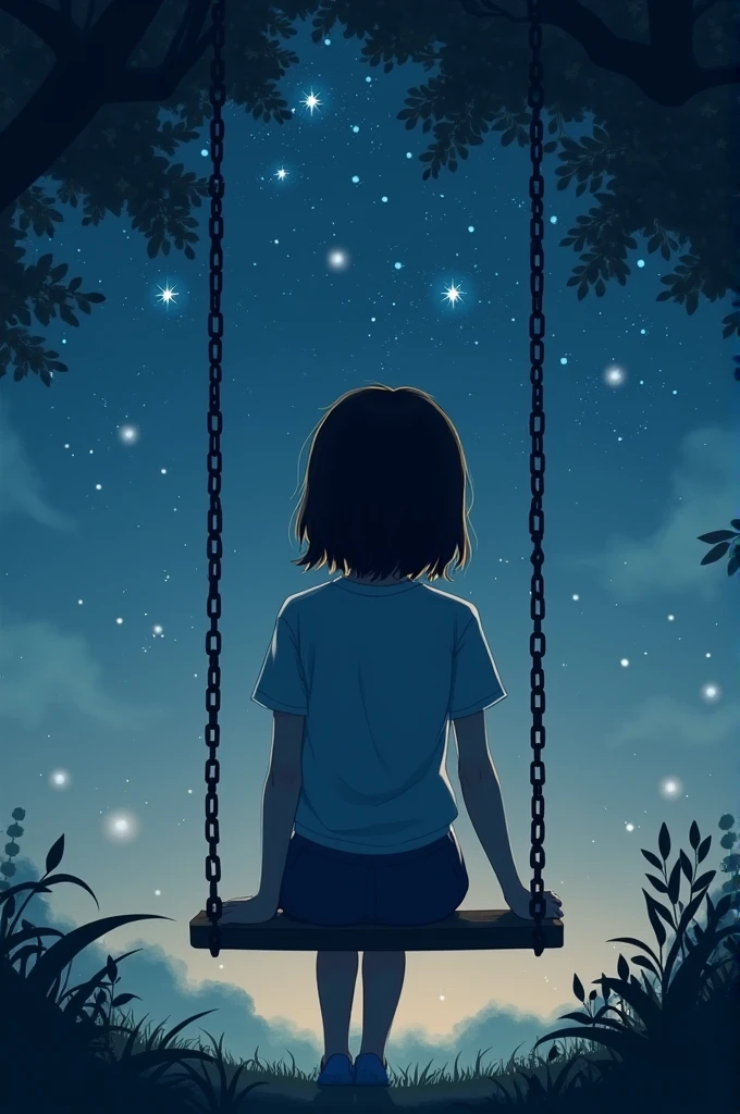 Drawing of a girl seen from behind in the distance, very pensive sitting on a swing on a starry night, that gives the impression that she is daydreaming, very happy and at peace