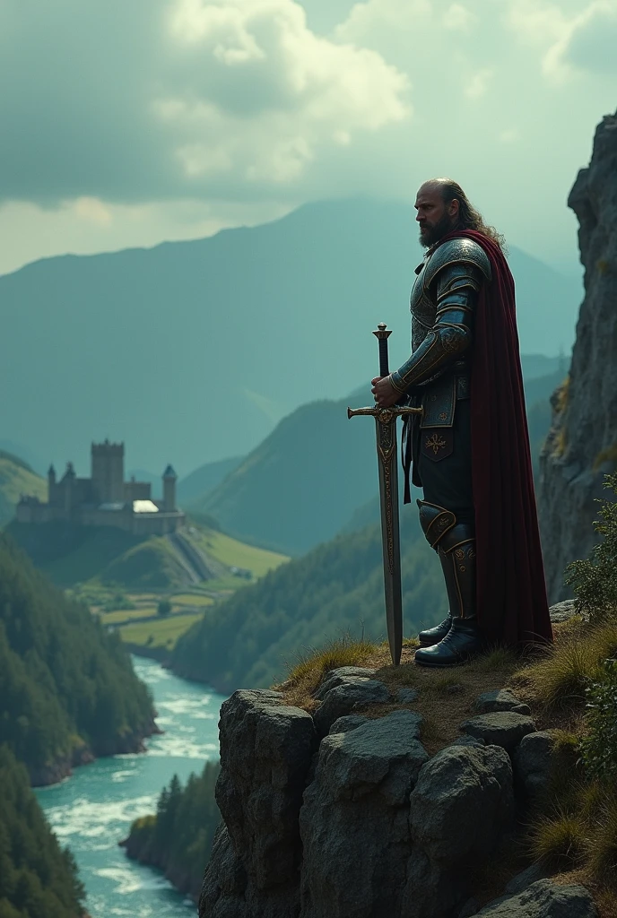 A powerful and intense image in a cinematic style reminiscent of Peter Jackson's Lord of the Rings trilogy. The main character, a brooding and fierce medieval warrior with a bronze-toned, battle-scarred complexion, stands tall atop a craggy cliff overlooking a picturesque landscape of rolling mountains, a distant castle, and a serenely turbulent body of water. Wearing ornate armor adorned with various symbols, he clutches a mighty sword in a ready stance. The sky above is murky and cloud-filled, casting a grim and foreboding shadow over the warrior's steely determination, as if presaging an epic battle to come. The composition features a field of focus on the central character, with the landscape serving as a grand backdrop, carefully framed by film grain and rich, desaturated colors. The overall atmosphere is one of dark, foreboding suspense, with ambient lighting casting shadows over both the warrior and the rocky cliffs he stands upon, punctuated by occasional shafts of harsh, piercing light to bring out the textures of his armor and the rugged contours of the rugged cliffside.