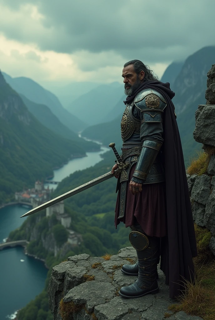 A powerful and intense image in a cinematic style reminiscent of Peter Jackson's Lord of the Rings trilogy. The main character, a brooding and fierce medieval warrior with a bronze-toned, battle-scarred complexion, stands tall atop a craggy cliff overlooking a picturesque landscape of rolling mountains, a distant castle, and a serenely turbulent body of water. Wearing ornate armor adorned with various symbols, he clutches a mighty sword in a ready stance. The sky above is murky and cloud-filled, casting a grim and foreboding shadow over the warrior's steely determination, as if presaging an epic battle to come. The composition features a field of focus on the central character, with the landscape serving as a grand backdrop, carefully framed by film grain and rich, desaturated colors. The overall atmosphere is one of dark, foreboding suspense, with ambient lighting casting shadows over both the warrior and the rocky cliffs he stands upon, punctuated by occasional shafts of harsh, piercing light to bring out the textures of his armor and the rugged contours of the rugged cliffside.