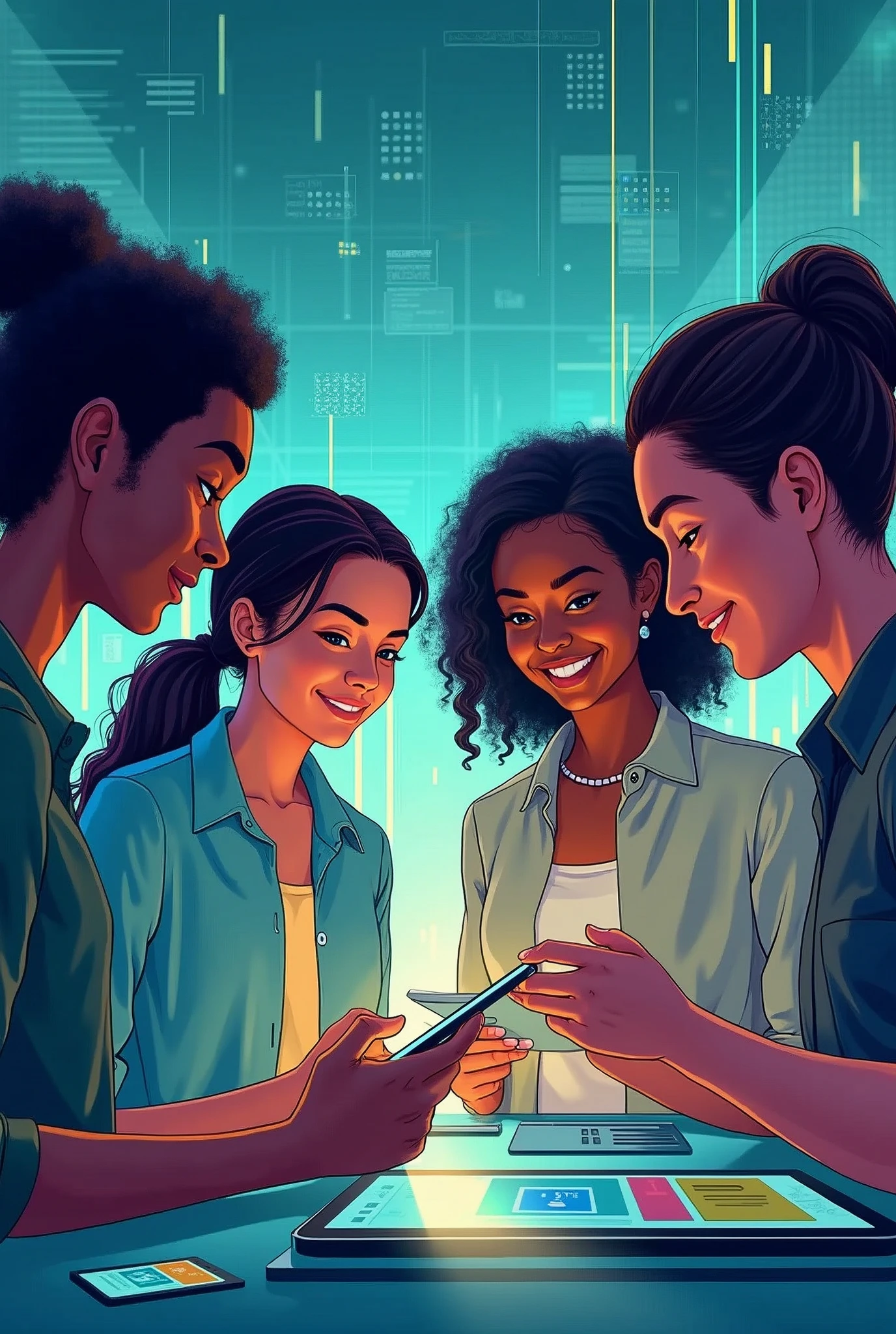 A detailed illustration of a diverse and inclusive team of people from various backgrounds, ethnicities, and specifically including people from Brazil, working together in a modern, high-tech environment. The team is connected by digital devices like tablets and laptops, symbolizing collaboration. Dynamic lines of light or energy flow between the team members, representing the exchange of ideas and innovation. The background is a futuristic setting with subtle elements like holograms, digital interfaces, and geometric patterns that suggest technology and progress. The overall style is clean, with vibrant colors such as blues, greens, and purples, creating a modern and energetic atmosphere.