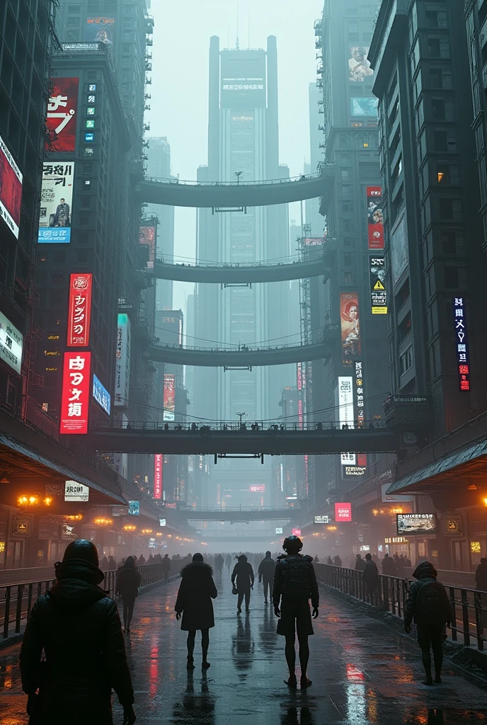CyberCity Vertion Dark Fantasy of Blade Runner 2049, Panoramic view of City, NeoPunk, CyberPunk, Distopic City, Distopic View, Skine Line, Buildings, spinner vehicule, rain, ligths, smoke, nigth, realism, hiper realism, photo realism, perfection, master piece, beautiful view, mist, hologram, advertising, merkating, human, people, 8k, 4k. Sciencie fiction, architecture, android, robot, neon ligth, trash, garbage, metropolis, river, gate, bridge, sheap, higthtech, future, industrial, steel, war, army, weapon, distopic society, freeway, machine.