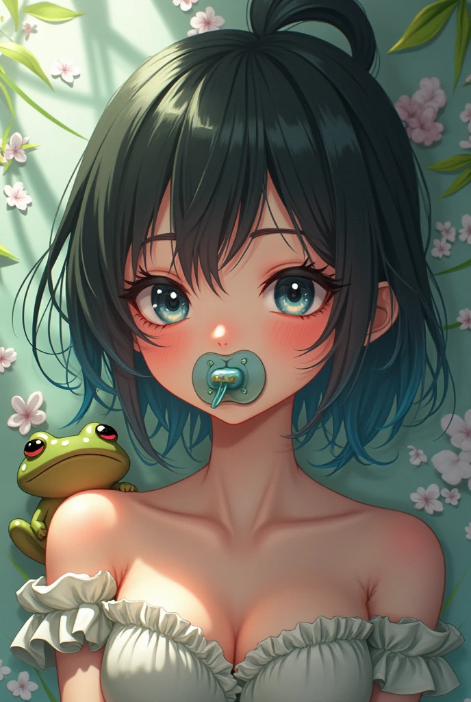 magazine cover,Flower of legend,swimming costume,Collar, blindfold,Watering the flowers,pee-pee-pee,Sweaty skin,flower garden,gonzo pornography, ((topless:1.4)), ((small breasts;1.3))
