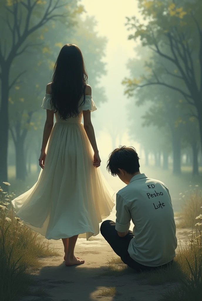 Beautiful couple picture ,girl going and boy felling alone and sad mood,and put name back side on dress the boy name KD and girl back side name write pesho ,these name written back side