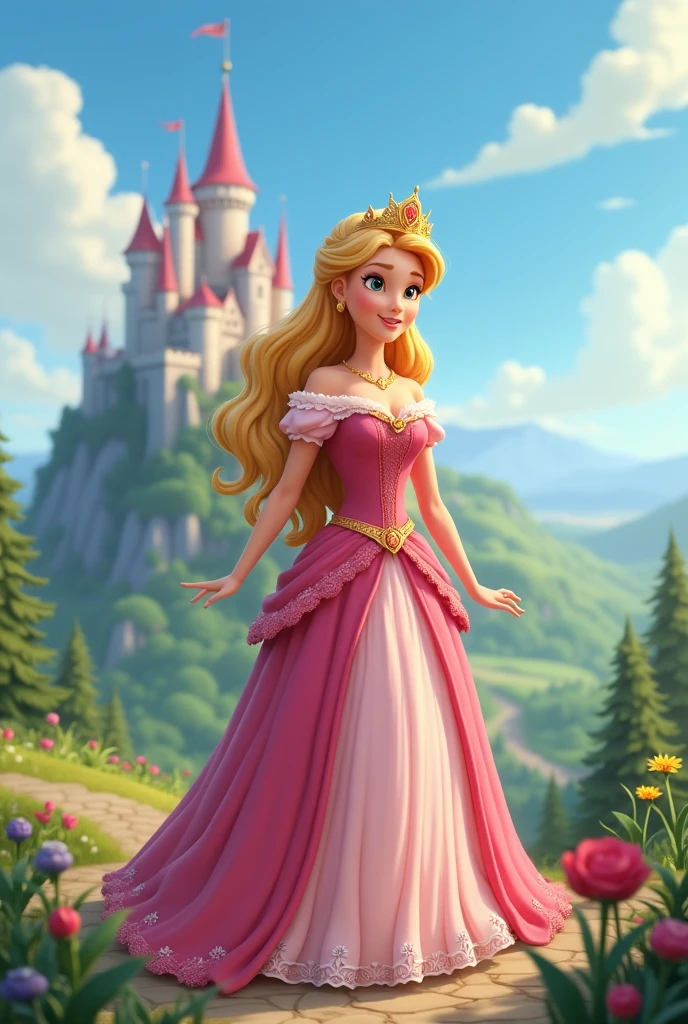 Pixart animated princess in her royal dress standing in front of a castle and hill