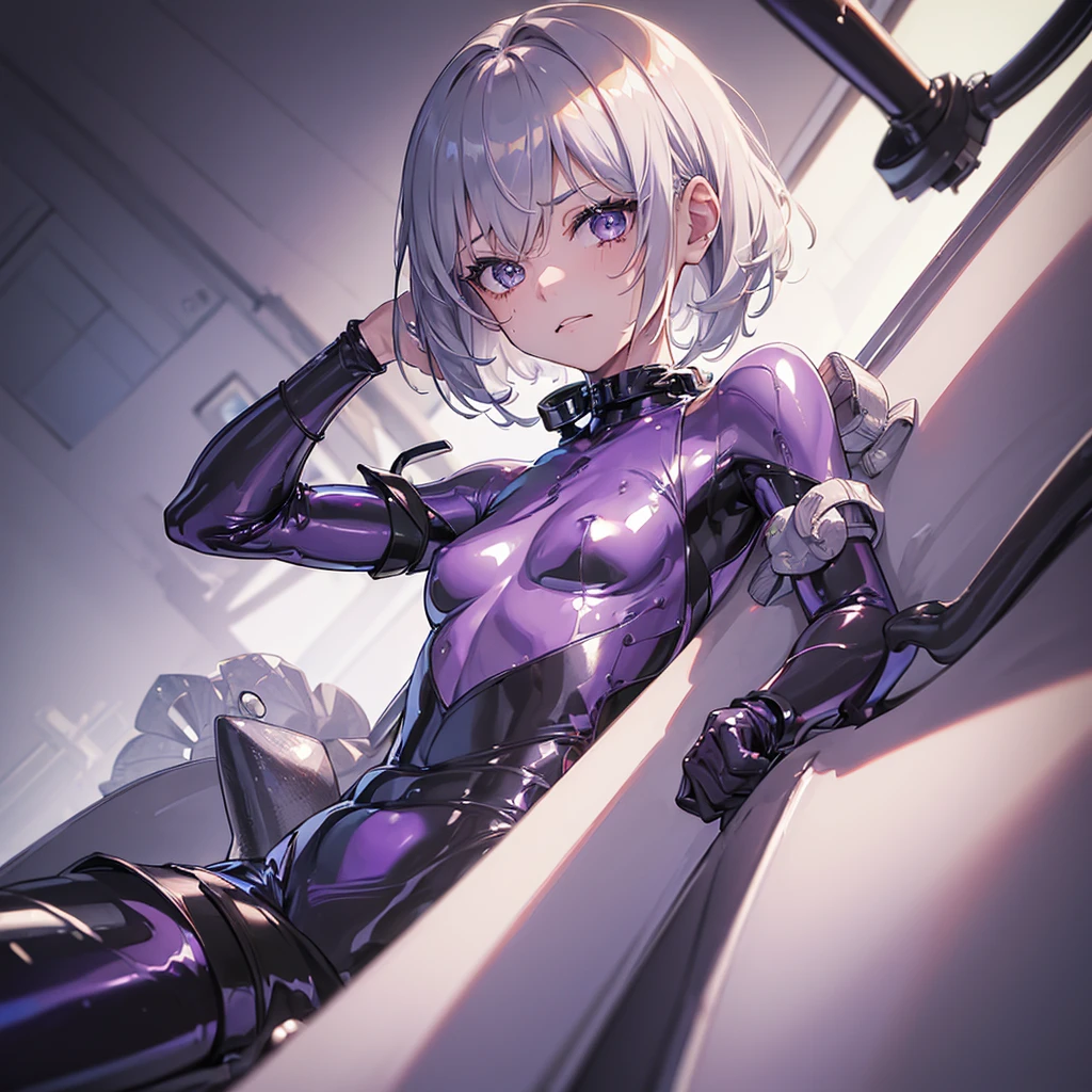 (8k, RAW Photo, Top Quality, Refined Details, Masterpiece: 1.2), (High Resolution 8k Wallpaper), Sharp Focus, Professional Lighting, Depth of Field, Cinematic Lighting, Background Blur, BREAK (1girl:1.4),(grimace with pain: 1.6),Toilet,(sitting:1.4), cute face, pixie cut,hair between eyes, slender line, slim body, (silver latex:1.4), Arm cover silver latex, golden ratio,(small breasts: 1.4), (upper body:1.4),