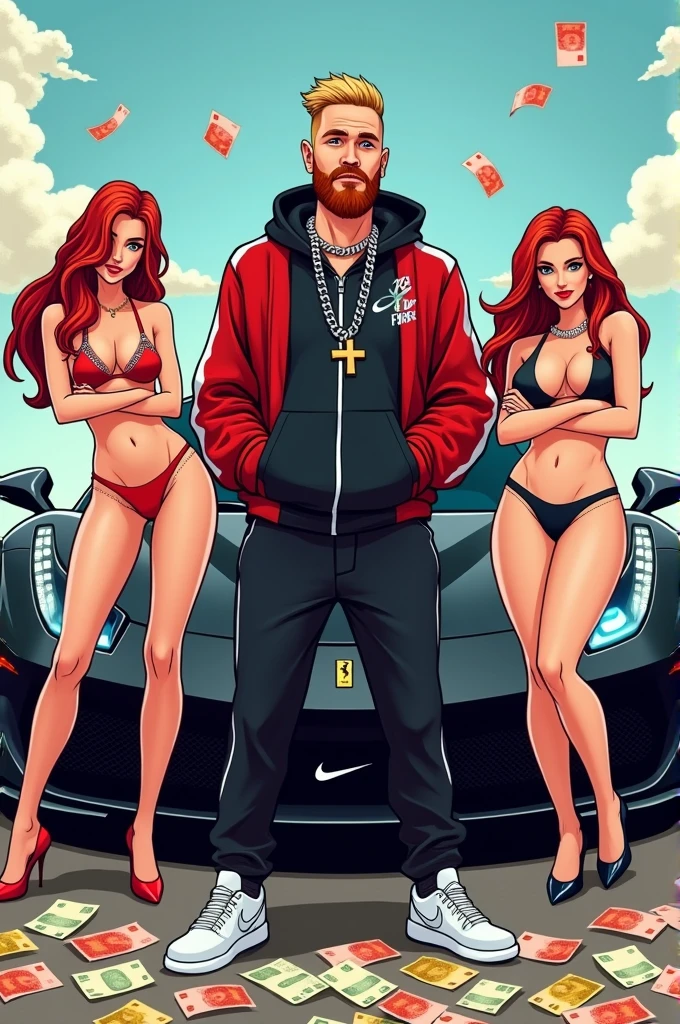 Cartoon, White gangster rapper,Height 175 centimeters , with short blonde hair and a red 3 day beard, wears a chain with a cross and Nike shoes and a Nike jogging suit 
stands in front of a black Ferrari, to the left and right of him are two pretty women with blonde and black hair in hot pants, there are lots of colorful euro bills everywhere,
In the background the moon and Stars 