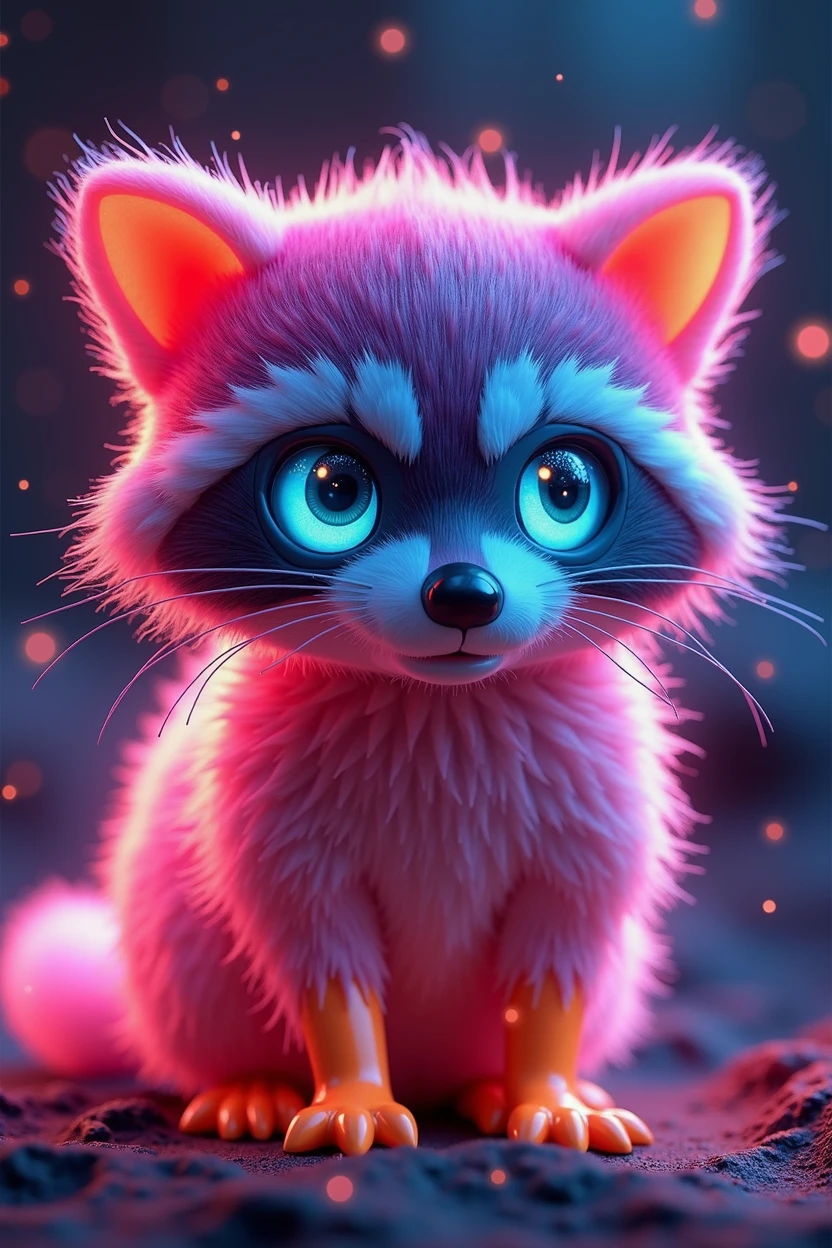 A mesmerizing 3D render showcases a luminescent, extra-fluffy baby raccoon sculpted entirely from crystal, glowing with vibrant neon colors. This low-poly creature has an otherworldly appearance, with its large, glowing low-poly eyes capturing the viewer's attention. Set against a stunning bokeh background, the radiant raccoon is the main focus of the piece, creating a sense of wonder and awe. The innovative use of neon hues and low-poly style in this conceptual art design highlights the artist's creativity and innovative approach to 3D rendering, making it a truly captivating and unique piece of art., vibrant, 3d render, product, conceptual art, photo