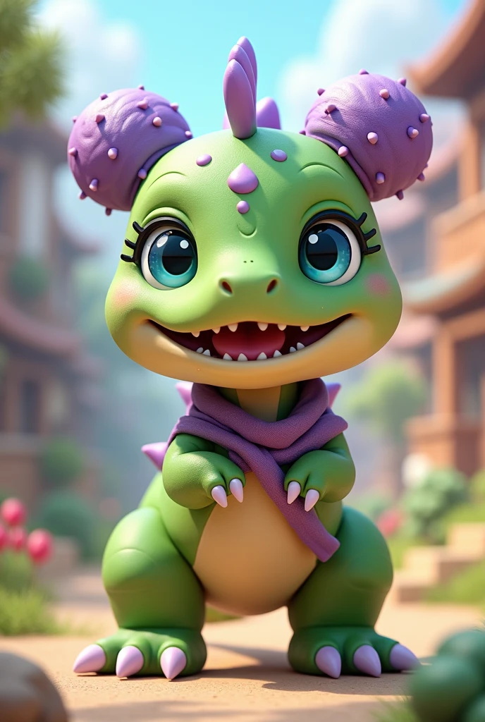 3d Cute kawaii FEMININE naughty smiling dinosaur with NINJA outfit with two bows or bumps on the head style buns like Pucca's apple green body with purple CRESTS purple CLAWS and lilac SPOTS with blue-green eyes WITH BIG legs like Yoshii and nice environment background