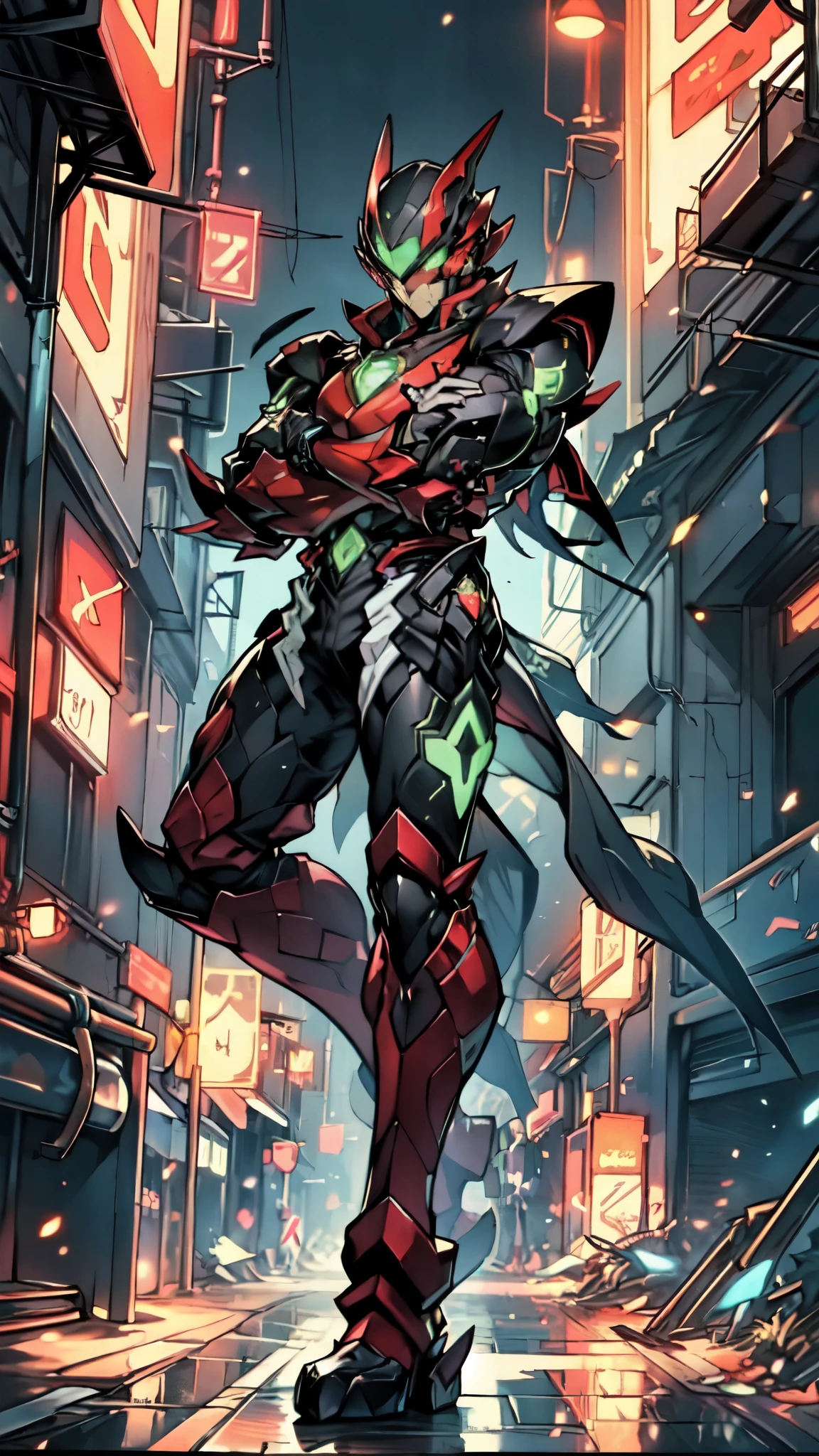(masterpiece:1.5, best quality:1.5, extremely delicate:1.5, superhero pose:1.5), a man wearing a full-face helmet, a fantasy-style biotech armored combat suit, green eyes, (a composite layered chest armor), fully enclosed shoulder guards, matching arm and leg guards, belt of Neon circuit, (the color scheme is primarily black with green and red accents), the design balances heavy with agility, a high-tech bio-mecha armor, (Armor Concept Inspired by Vampire, stand on the top of a skyscraper in a futuristic sci-fi city), this character embodies a finely crafted fantasy-surreal style armored hero in anime style, exquisite and mature manga art style, (element, plasma, energy, the armor glows), ((male:1.5)), metallic, high definition, highres, ultra-detailed, ultra-fine painting, professional, perfect body proportions, golden ratio, anatomically correct, symmetrical face, extremely detailed eyes and face, high quality eyes, creativity, RAW photo, UHD, 32k, Natural light, cinematic lighting, masterpiece-anatomy-perfect