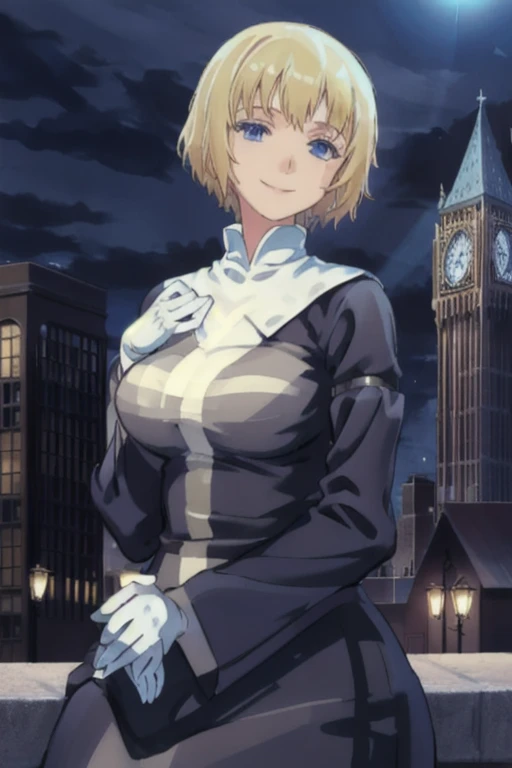 Solo, 1girl, orsolaAquinas, smile, short hair, blue eyes, blond hair, long sleeves, nun outfit, long skirt, medium breasts, white gloves, nun, habit, Masterpiece, Best Quality, outside, city