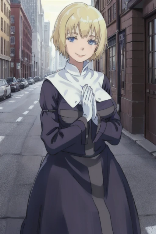 Solo, 1girl, orsolaAquinas, smile, short hair, blue eyes, blond hair, long sleeves, nun outfit, long skirt, medium breasts, white gloves, nun, habit, Masterpiece, Best Quality, outside, city