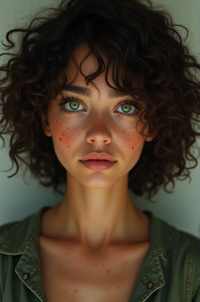 black curly hair to heart height, dark tanned skin, a handful of freckles, bright green eyes, Medium Large, 
19 years 