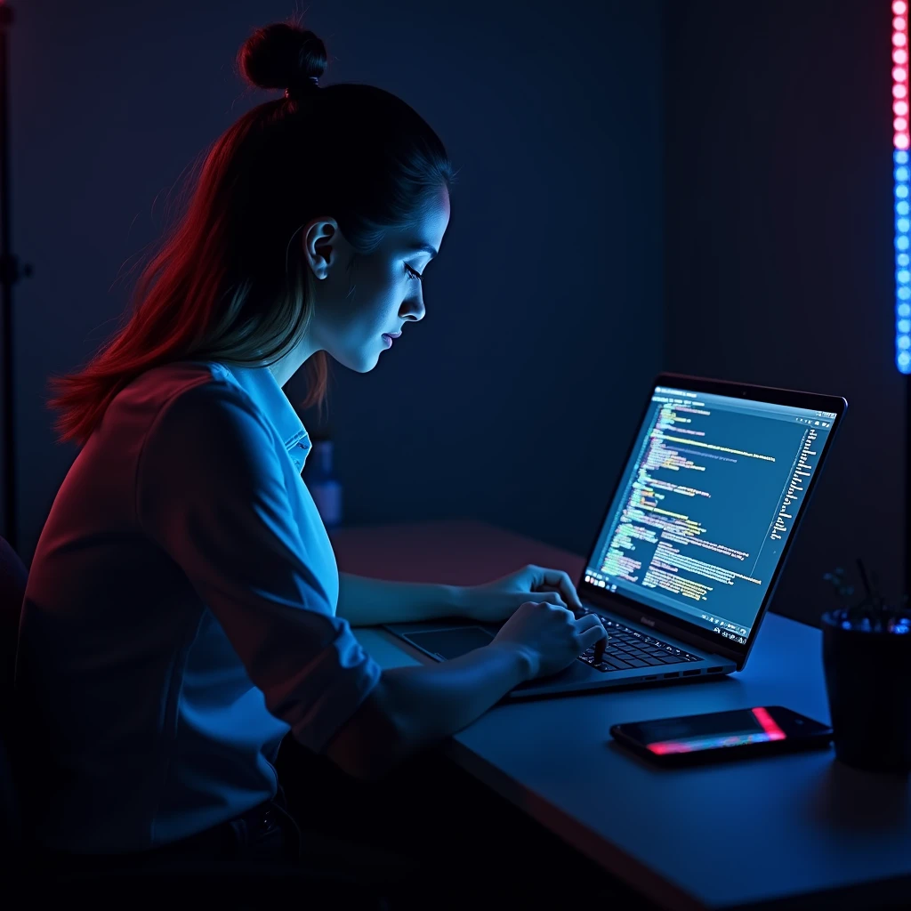 Create an image that fits a modern, sleek website design, featuring a person working on a laptop women. The person should be in a minimalistic, well-lit environment, with a clear focus on the laptop screen, which displays a web interface with code, design elements, or a modern website layout. The color palette of the image should match the dark background and vibrant highlights of the website. Include subtle neon or blue lighting that reflects off the laptop screen, adding a tech-savvy, futuristic feel to the scene. The overall atmosphere should convey professionalism in web development and design, aligning with the theme of digital innovation and front-end development.