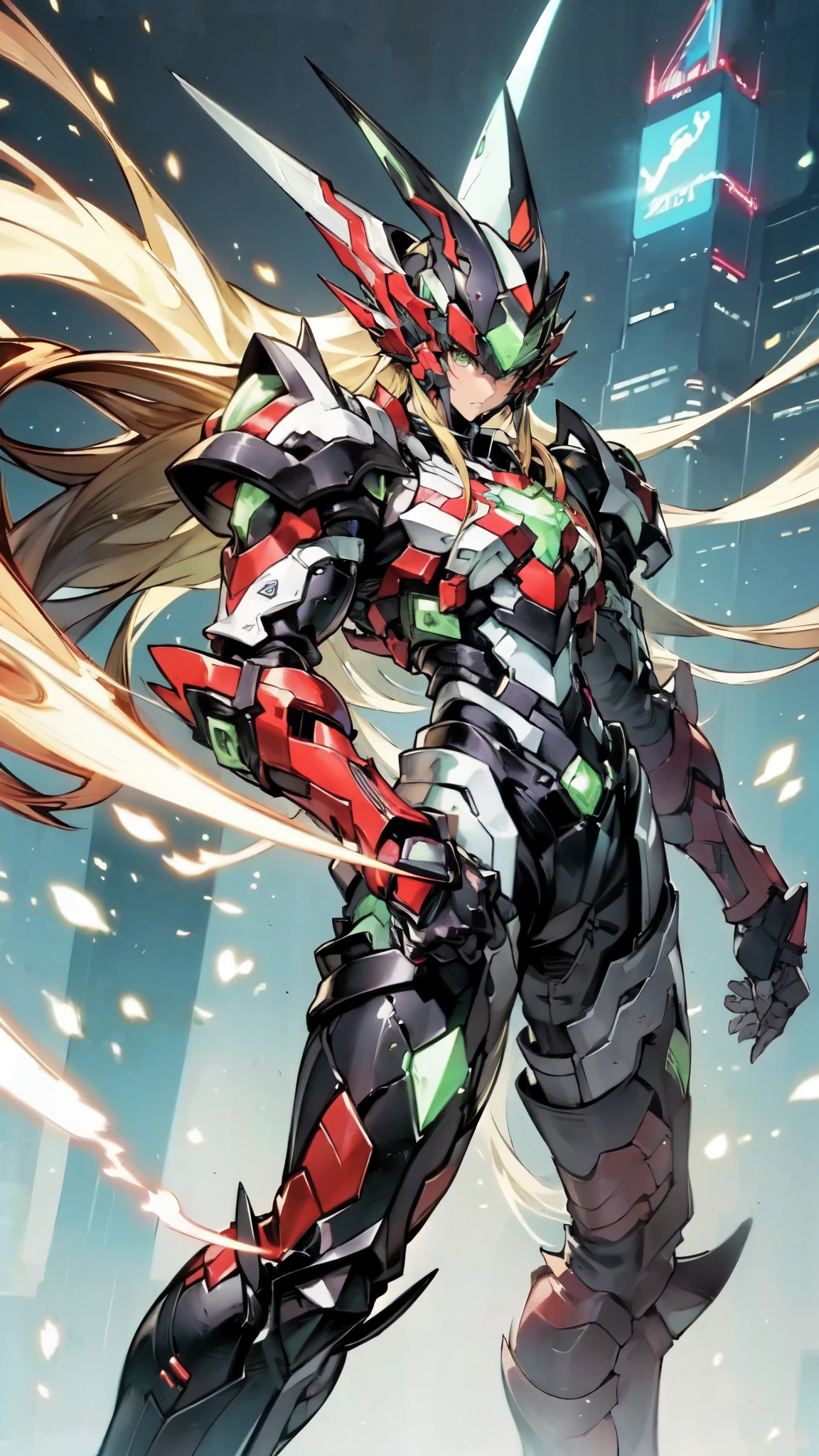 (masterpiece:1.5, best quality:1.5, extremely delicate:1.5, superhero pose:1.5), a man wearing a full-face helmet, a fantasy-style biotech armored combat suit, green eyes, (a composite layered chest armor), fully enclosed shoulder guards, matching arm and leg guards, belt of Neon circuit, (the color scheme is primarily black with green and red accents), the design balances heavy with agility, a high-tech bio-mecha armor, (Armor Concept Inspired by Demon stand on the top of a skyscraper in a futuristic sci-fi city), this character embodies a finely crafted fantasy-surreal style armored hero in anime style, exquisite and mature manga art style, (element, plasma, energy, the armor glows), ((male:1.5)), metallic, high definition, highres, ultra-detailed, ultra-fine painting, professional, perfect body proportions, golden ratio, anatomically correct, symmetrical face, extremely detailed eyes and face, high quality eyes, creativity, RAW photo, UHD, 32k, Natural light, cinematic lighting, masterpiece-anatomy-perfect