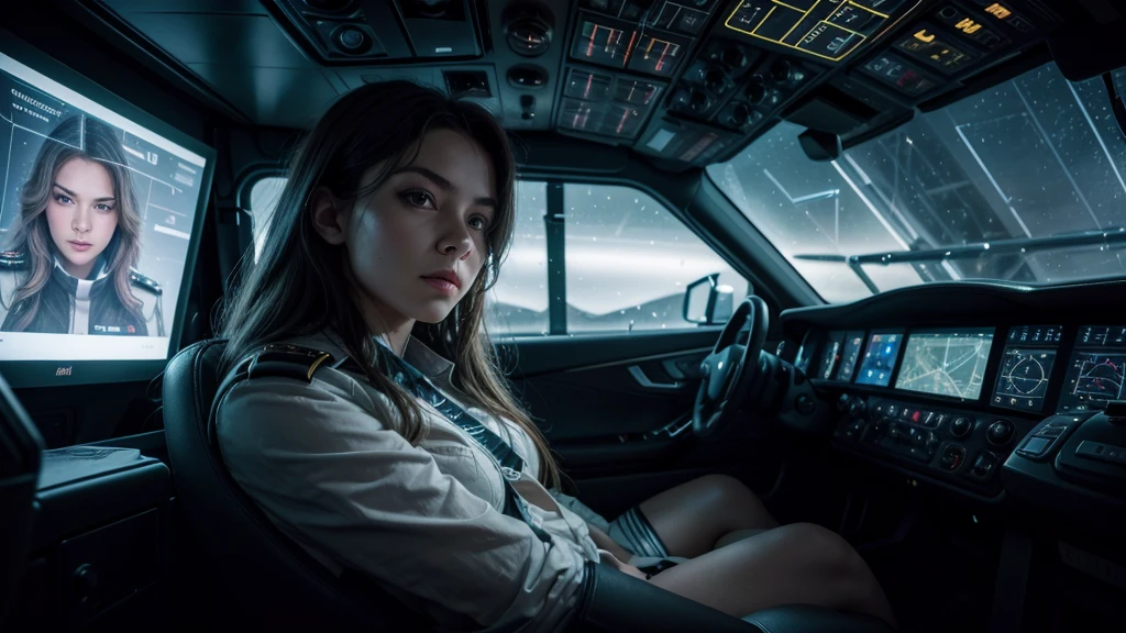 At the helm of the ship is Ava Sinclair, her gaze fixed on the stars ahead. The scene shows her in the cockpit, with a focused and determined expression. The interior of the cockpit is sleek and futuristic, with control panels softly illuminated by the starlight filtering through the viewscreen. Ava’s features are highlighted by the ambient light, reflecting her dedication and expertise.