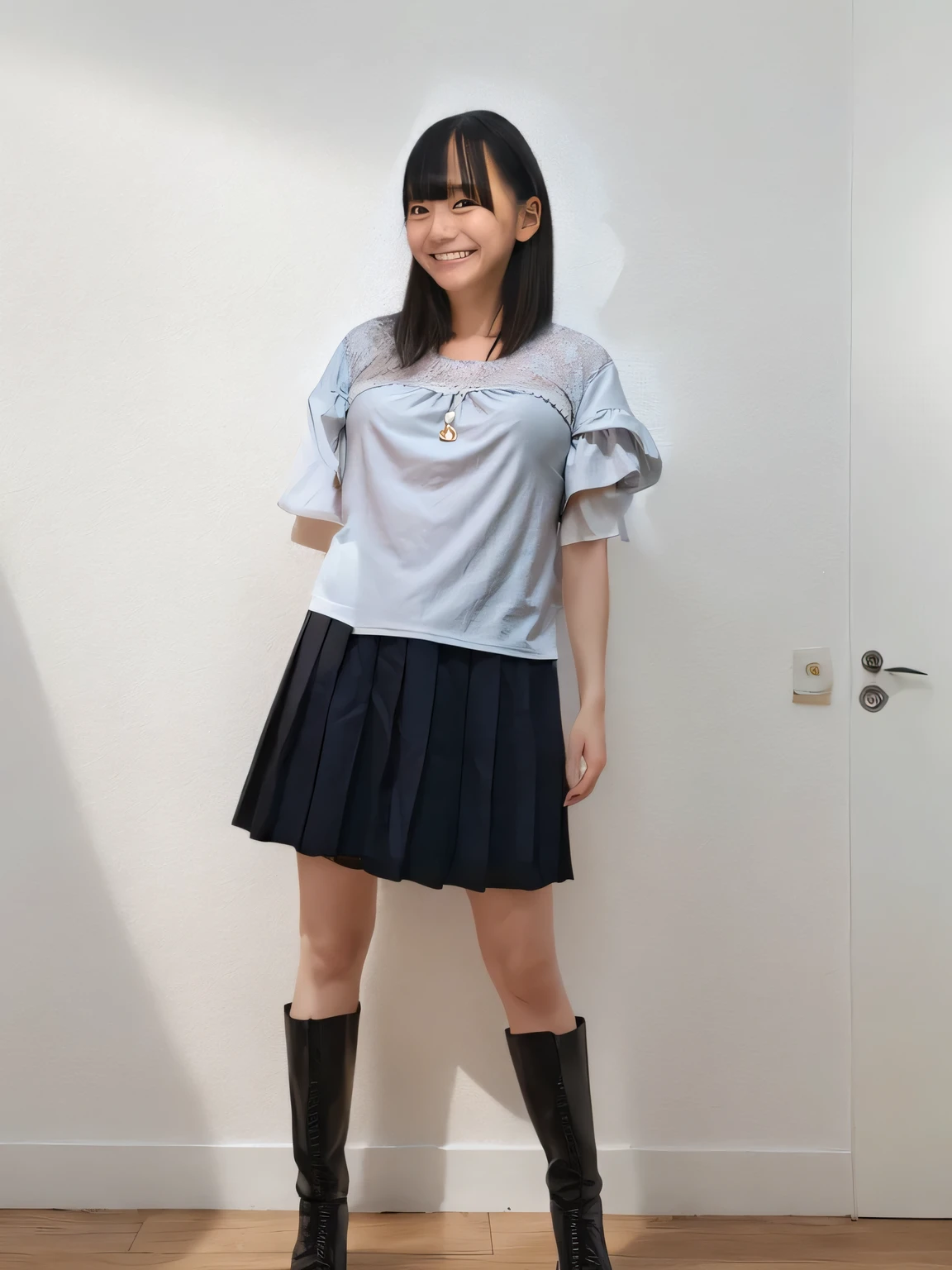 masterpiece,Highest quality(8k),Highest quality,masterpiece:1.2)、(Real、Photorealistic:1.37),Super detailed,1 woman standing in a room with white walls,Looking at this,Wearing a short-sleeved top,Black pleated skirt,Black stylish boots,Posing for a photo,The background is blurred,Illuminated by sunlight