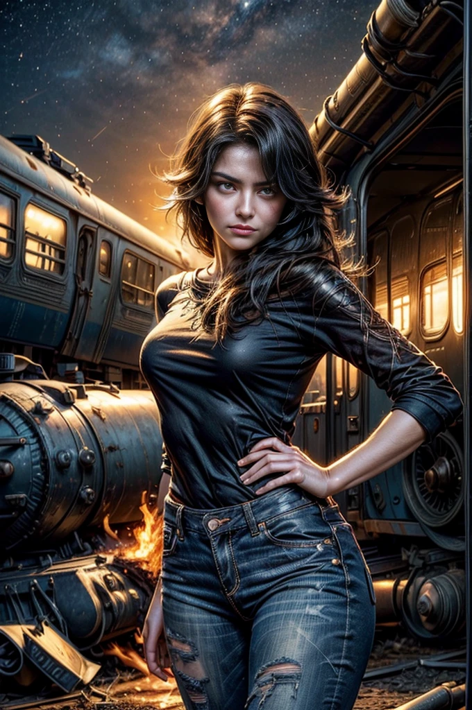 (masterpiece, best quality:1.2), cowboy shot, solo, 1girl, cinder fall, looking at viewer, long hair, t-shirt, jeans, dynamic pose, next to wrecked train, holding flame, night, stars, closed mouth, serious look, serious expression, post-apocalypse, dystopian future  crowd, (volumetric lighting), sharp focus, hyper detailed 