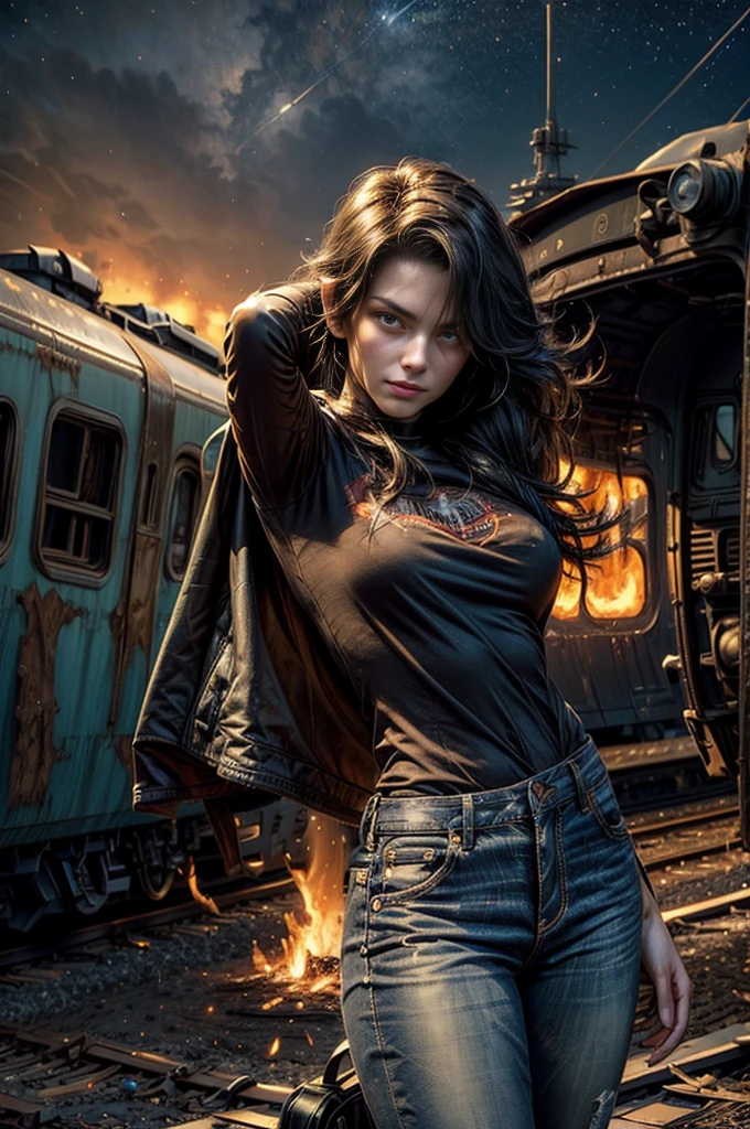(masterpiece, best quality:1.2), cowboy shot, solo, 1girl, cinder fall, looking at viewer, long hair, t-shirt, jeans, dynamic pose, next to wrecked train, holding flame, night, stars, closed mouth, serious look, serious expression, post-apocalypse, dystopian future crowd, (volumetric lighting), sharp focus, hyper detailed