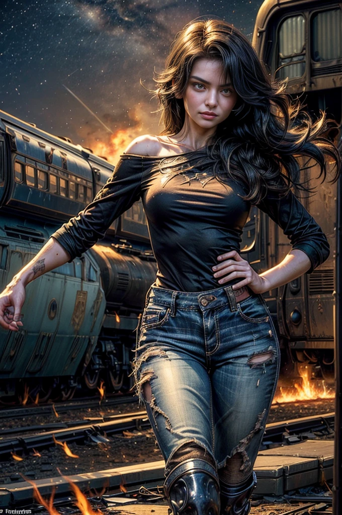 (masterpiece, best quality:1.2), cowboy shot, solo, 1girl, cinder fall, looking at viewer, long hair, t-shirt, jeans, dynamic pose, next to wrecked train, holding flame, night, stars, closed mouth, serious look, serious expression, post-apocalypse, dystopian future  crowd, (volumetric lighting), sharp focus, hyper detailed 