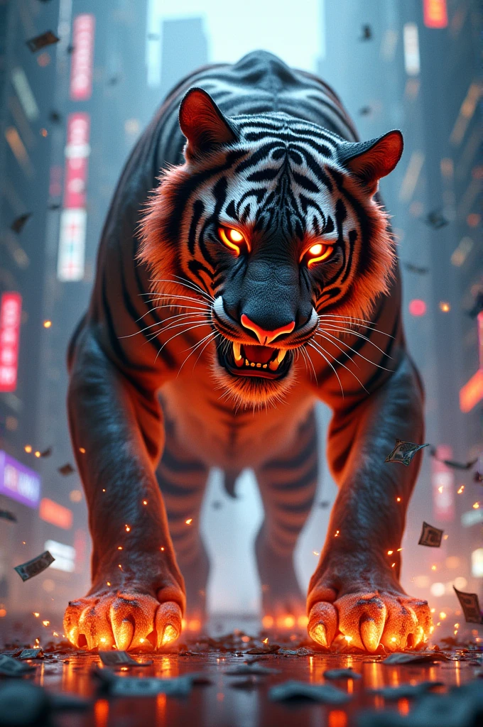 Super strong cyberpunk demon tiger with burning dollar bills, with MYM logo