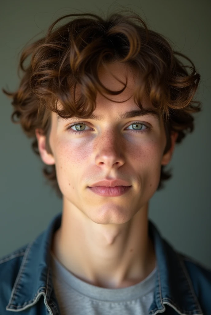 A photo of a boy with delicate features but who is a teenager almost entering adulthood ,light skin and brown hair,in some casual pose but at least showing up to the shoulders