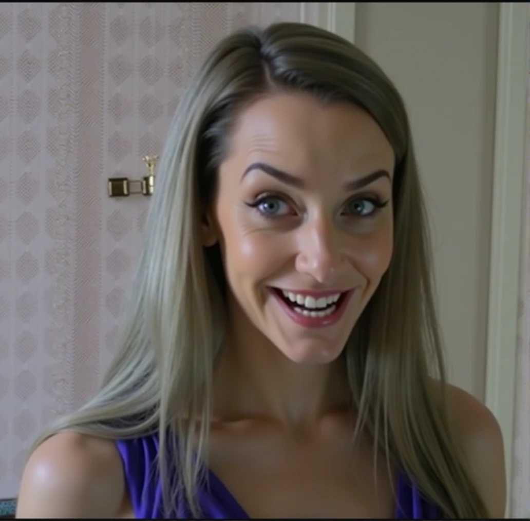 a detailed sexy evil witch with a big nose, big forehead, long hair, raised eyebrows, perfect teeth, wearing a blue dress, cleavage, evil laugh, cinematic lighting, hyperrealistic, 8k, highly detailed, photorealistic, masterpiece