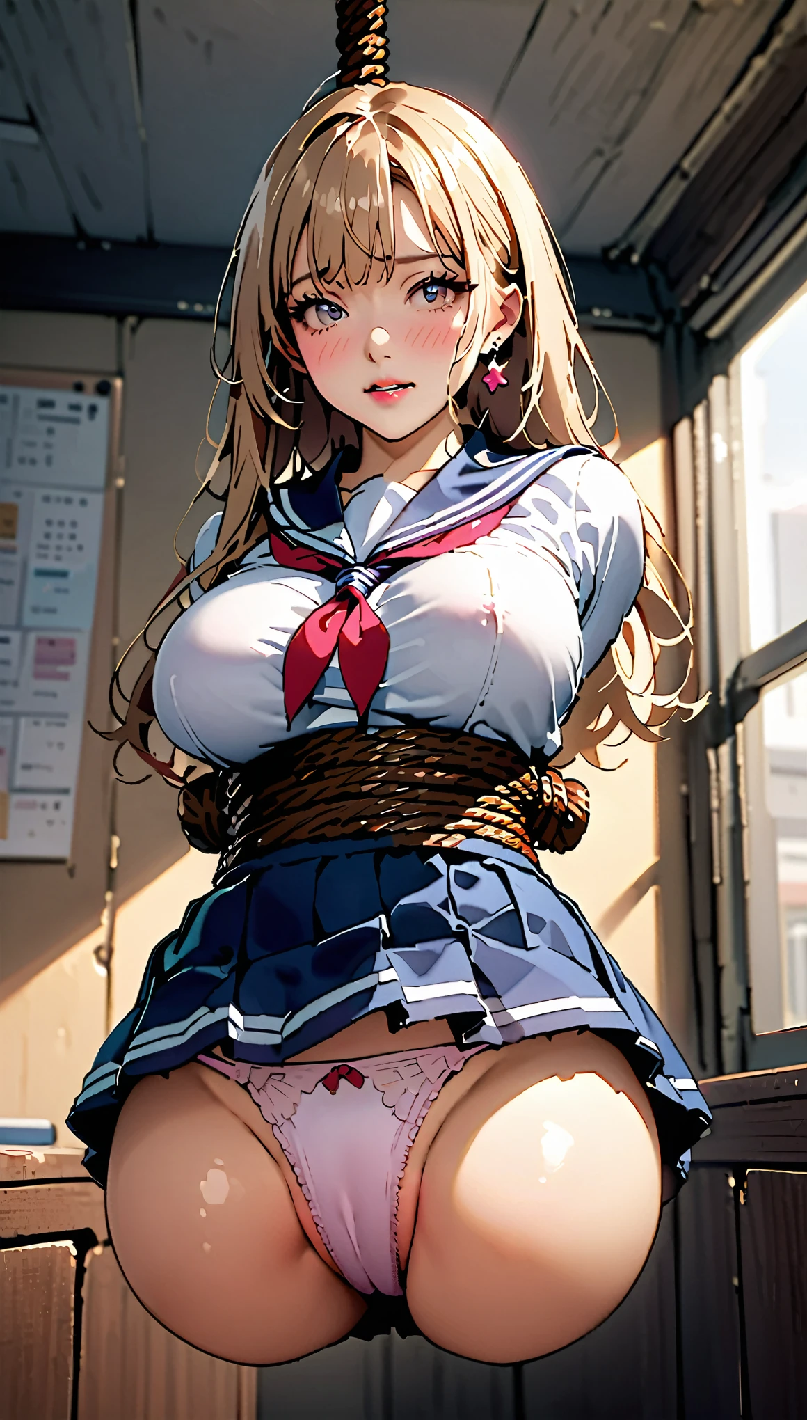 (masterpiece, best quality:1.2),((Sailor suit:1.4)),classroom、(short skirt),Eyes are very delicate,beautiful girl,long hair,((best quality)), ((intricate details)), ((Surrealism))(8k)、blonde、blush、Small face、ponytail、pantyhose、choker、Korean Idols、Earrings、((human-onahole:1.5))、((legsless, armsless:1.2))、Panties、(rope bondage:1.4)、(Hanging from the ceiling by a rope)、pubic hair、pov hands grabbing