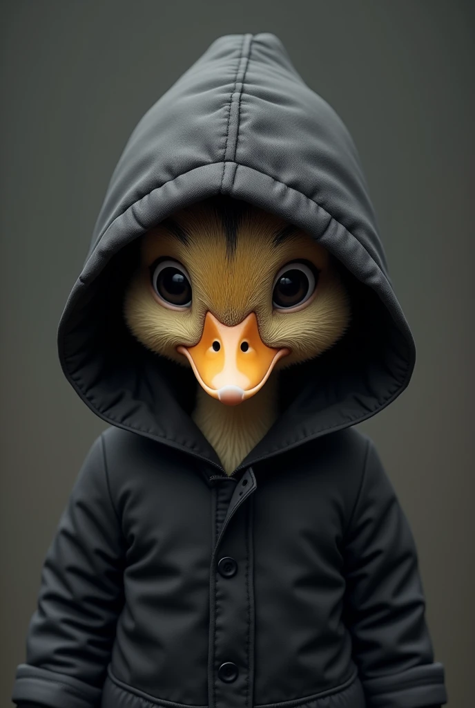 The duck has dull grey plumage., but instead of its usual plumage, He is wearing a black hooded jacket that fits him very well.. The hood covers his head and neck., with a serious look, Let it be a small duck