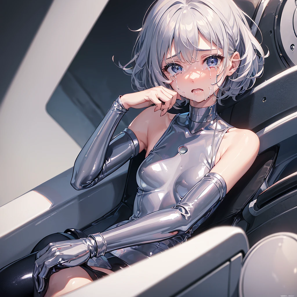 top quality, masterpiece, finely detail, very delicate 8k wallpaper, transcendent beautiful girl, (white camisole dress), pale skin, (Gray medium hair), (Formalin-soaked artificial lifeforms in a cylindrical tank in the background), (Expressionless), (looking away), flat chest, (sitting, wariza), collar with tag, (bare_limbs:1.4), (number tattoo on shoulder), Biotechnology, (biopunk:1.5), (I'm in a cylindrical tank), scattered papers, Research facility,