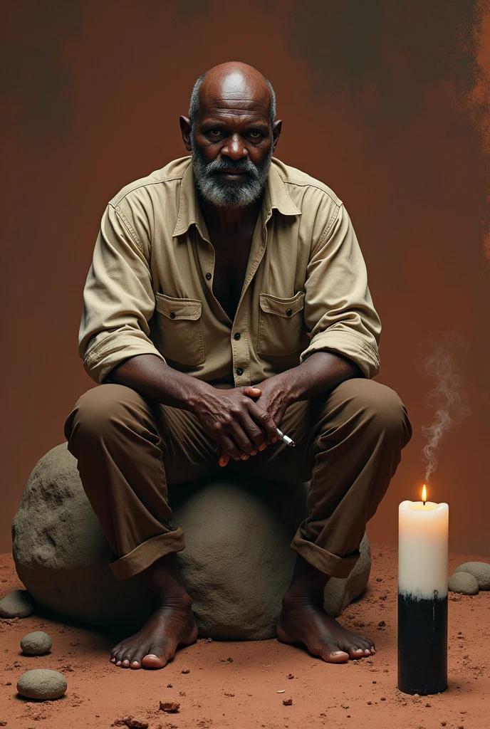 black male,baldie,unshaven beard.       
  ,old black clothes, wearing a black cape with a hat, sitting on a stump, body dirty with mud, in a swamp, plenty of lit candles,a bottle of cachaça and a plate of chicken eggs,smoking a good quality cigar, middle age appearance