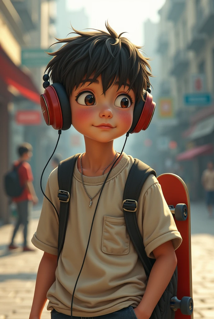 Boy with headphones listening to music, with baggy clothes and a skateboard on his back