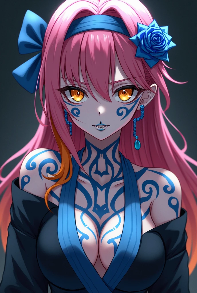 Female Akaza, also known as Hakuji, is one of the Twelve Kizuki in "Kimetsu no Yaiba". He has a distinctive appearance with pale skin and blue markings all over his body that resemble tribal tattoos.. Their eyes are marked by a bright yellow iris with a straight, vertical pupil.. Akaza's hair is long and pink., with orange highlights in the fringe pieces, with a blue band around his head. He exudes a menacing aura, but at the same time it has a powerful and imposing presence. She has modern clothes (long) and black, with a beautiful blue rose earring and lip piercing.
