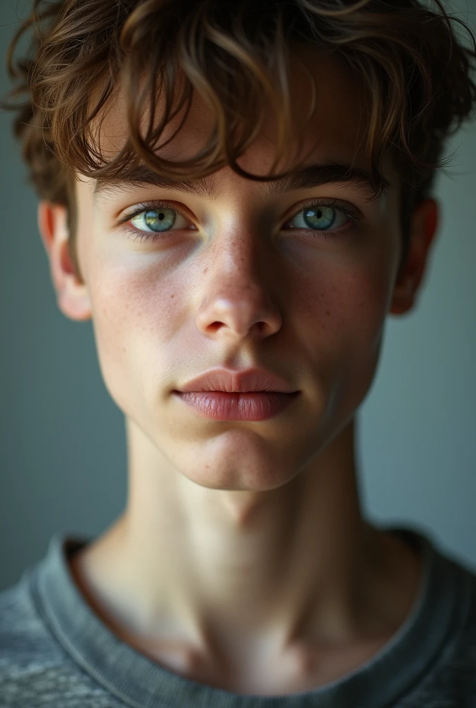 A photo of a boy with delicate features but who is a ager almost entering adulthood ,light skin and brown hair,in some casual pose but at least showing up to the shoulders