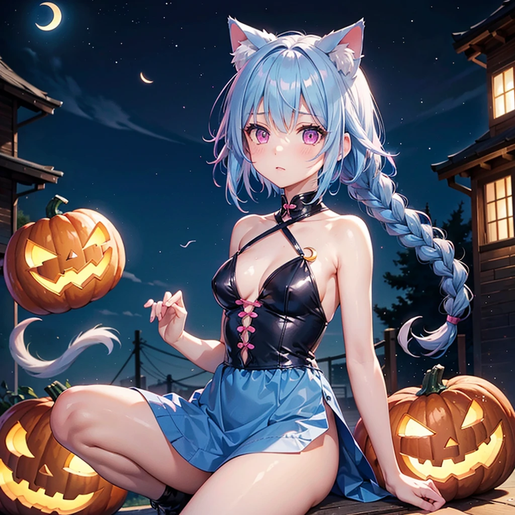 (Sky blue hair),(Braided short hair), (Pink Eyes),Fair skin) ,(whole body),(One Girl),(Crescent Moon),(There are lots of pumpkin ghosts in the background),Cat ear,Cat&#39;s Tail,(Sailor suit),(Ahegao),(Fall into Darkness),If you don't give me sweets, I'll play a prank on you.),Halloween Night Party),(masterpiece, Highest quality, Very detailed, Best Shadow), (Detailed Background), (Beautifully detailed face), High Contrast, (Best lighting, Very delicate and beautiful), ((Cinematic Light)), Hyper Detail,8k, Dramatic Light, Intricate details,night,(Bats flying in the background),Pumpkin handbag,There are sweets in the bag,High quality