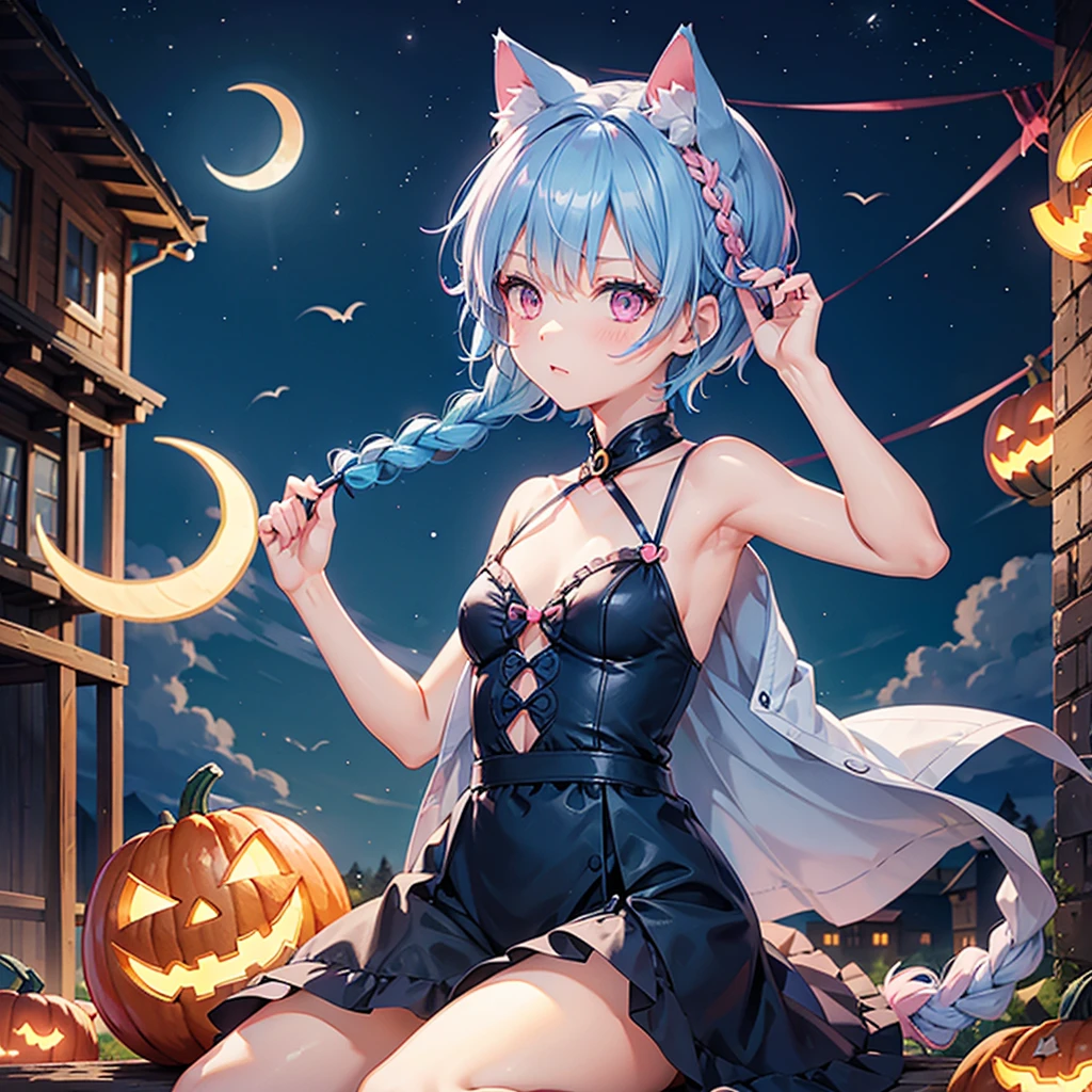 (Sky blue hair),(Braided short hair), (Pink Eyes),Fair skin) ,(whole body),(One Girl),(Crescent Moon),(There are lots of pumpkin ghosts in the background),Cat ear,Cat&#39;s Tail,(Sailor suit),(Ahegao),(Fall into Darkness),If you don't give me sweets, I'll play a prank on you.),Halloween Night Party),(masterpiece, Highest quality, Very detailed, Best Shadow), (Detailed Background), (Beautifully detailed face), High Contrast, (Best lighting, Very delicate and beautiful), ((Cinematic Light)), Hyper Detail,8k, Dramatic Light, Intricate details,night,(Bats flying in the background),Pumpkin handbag,There are sweets in the bag,High quality