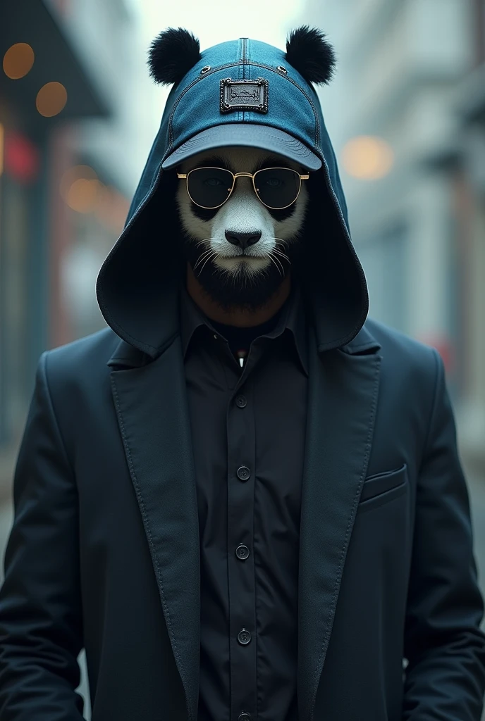 Homem com uma capa do assassino scready, panda face mask, thin glasses, blue and gray hat