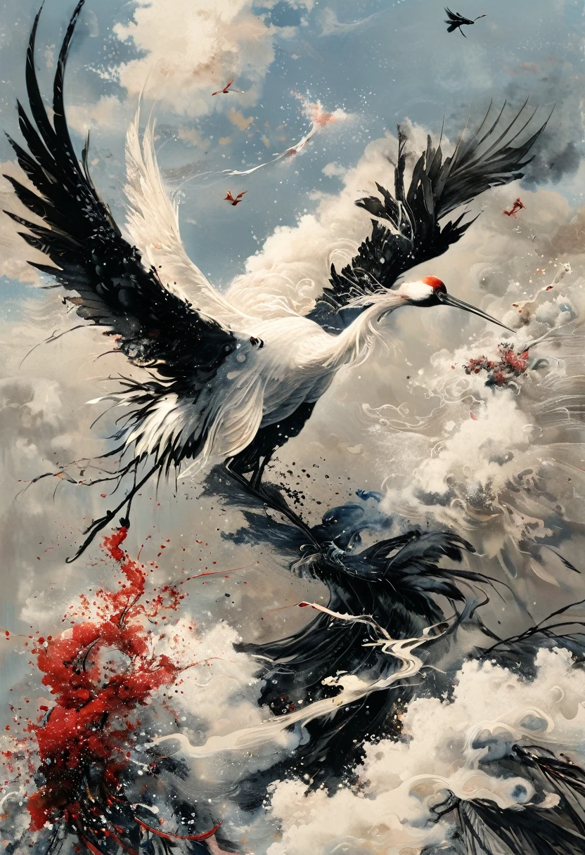 Ink, Crane, cloud, wing, I am, outdoors, feathered wing, sky, petal,oil paint
